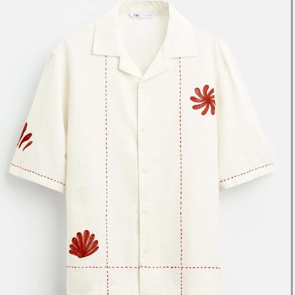 Zara Men's Casual Linen Shirt with Embroidery sz Large